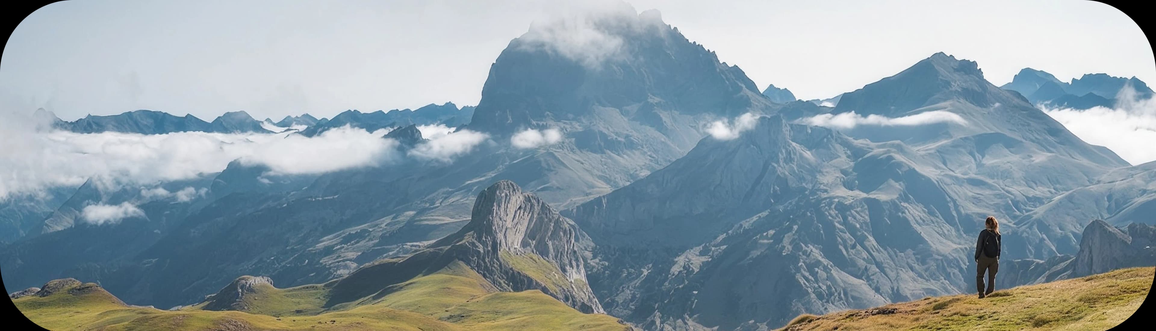 A guide standing on a grassy ridge overlooking a mountain valley
